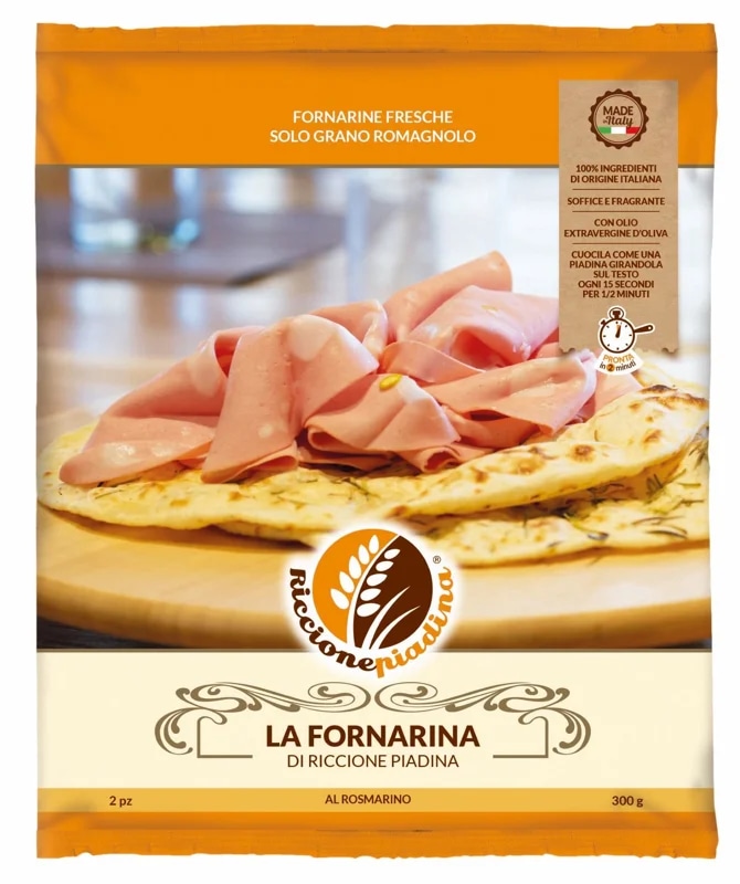 Riccione Piadina Piadina Fornarina placky s rozmarýnem a 2,5 % extra panenským olivovým olejem