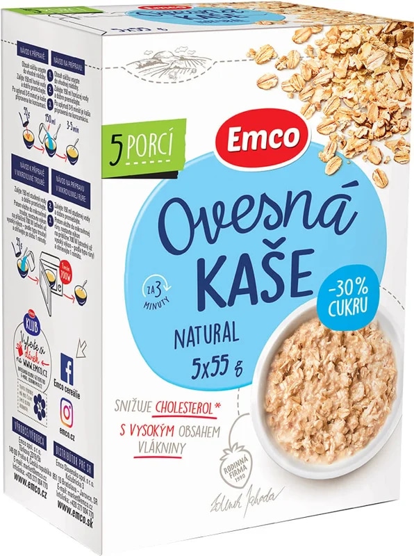 Emco Ovesná kaše natural s -30 % cukru 5x55 g