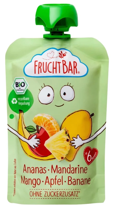 FruchtBar BIO Ovocná kapsička s jablkem, ananasem, mangem, banánem a mandarinkou