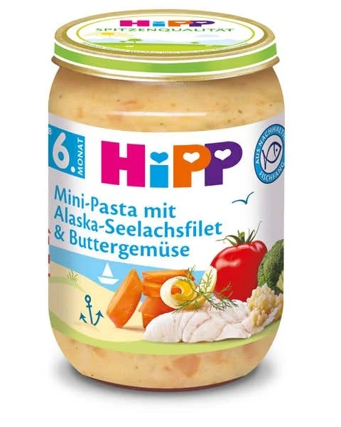 HiPP Mini těstoviny s aljašskou treskou v máslové zelenině