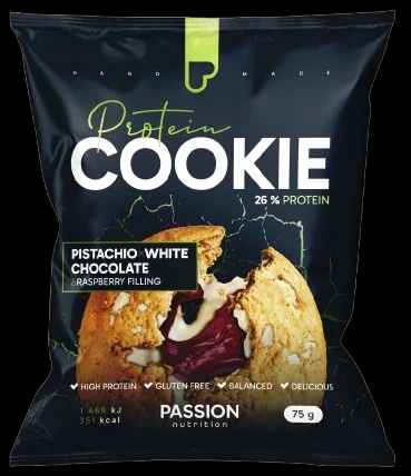 Passion Nutrition Plněná proteinová cookie s pistácií, bílou čokoládou a malinovou náplní