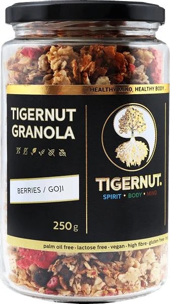 Tigernut Granola z tygřích ořechů se sušeným ovocem a goji