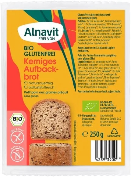 Alnavit BIO Bezlepkový chléb s celozrnnou amarantovou moukou k dopečení