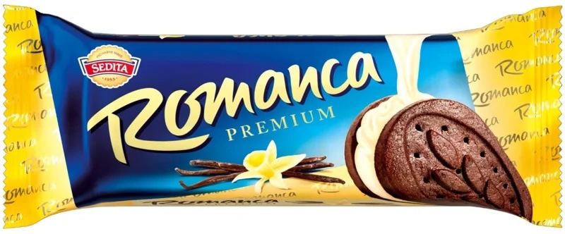 Sedita Romanca Premium Kakaové sušenky s čokoládou a s krémovou náplní s vanilkovou příchutí