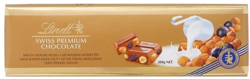 Lindt Švýcarská mléčná čokoláda s rozinkami a oříšky