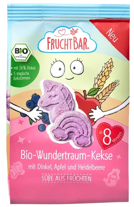 FruchtBar BIO Špaldové máslové sušenky s ovocem Jednorožec