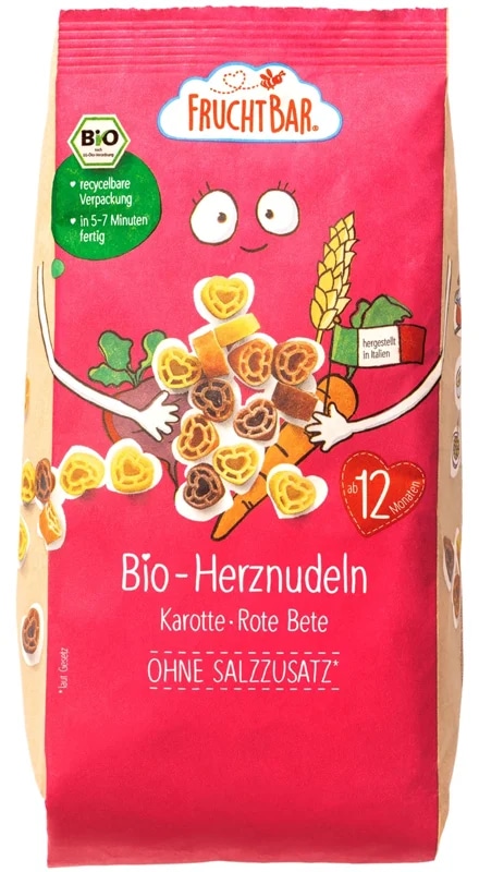 FruchtBar BIO Těstoviny srdíčka s mrkví, řepou a pšenicí