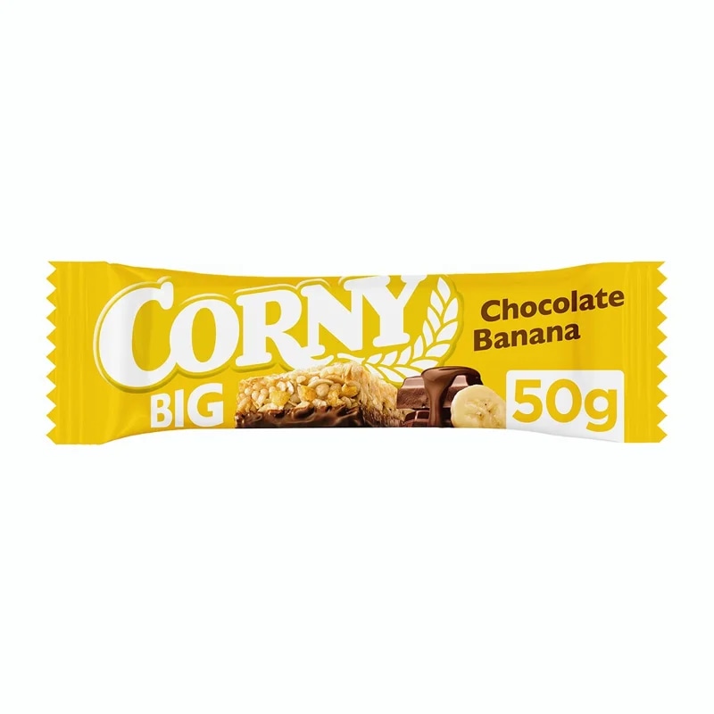 Corny BIG Cereální tyčinka s banány, polomáčená v mléčné čokoládě