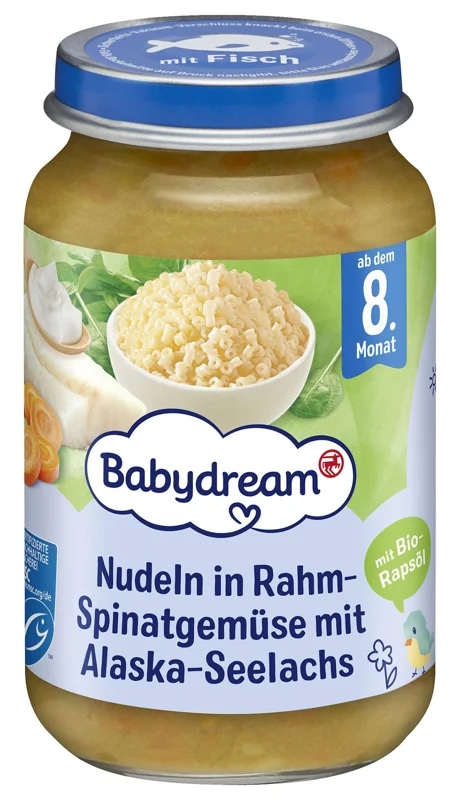 Babydream Příkrm těstoviny se smetanovým špenátem, zeleninou a aljašskou treskou