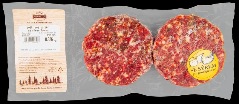 Maxmilián Zvěřinový burger se sýrem Gouda, 2x150g, mražený