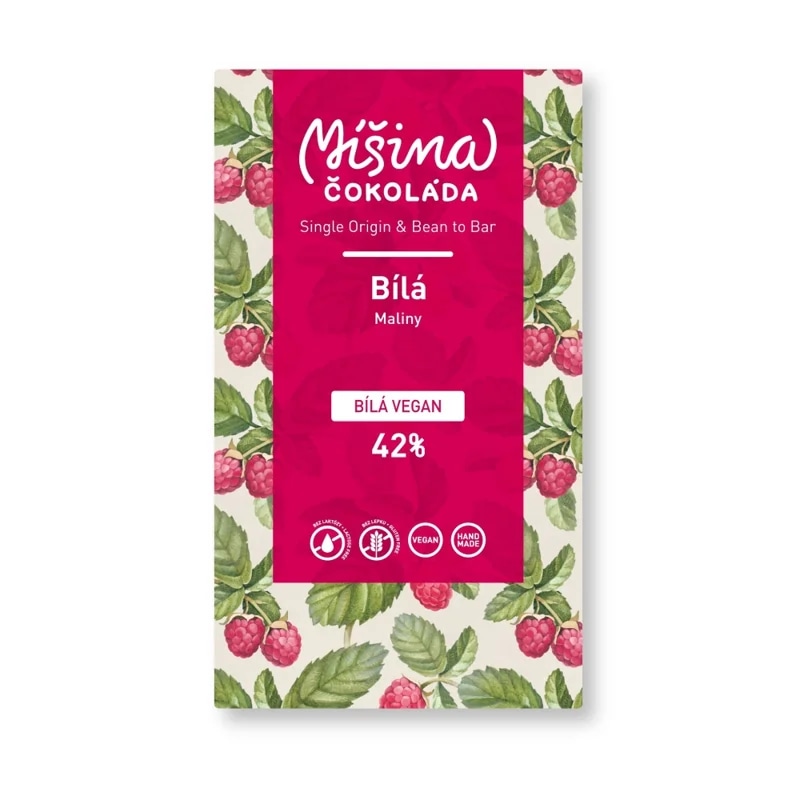 Míšina čokoláda Bílá vegan 42% s malinami 50g
