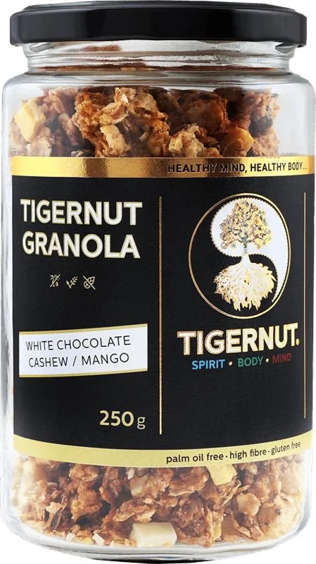 Tigernut Granola z tygřích ořechů s bílou čokoládou, kešu a mangem