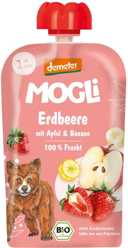 Mogli BIO Jahodová kapsička s jablkem a banánem s certifikací Demeter