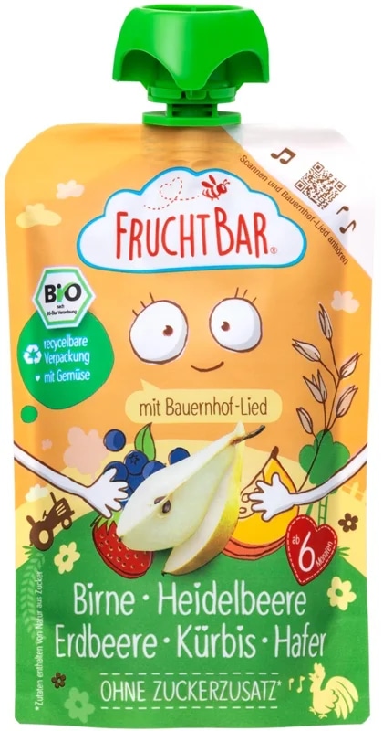 FruchtBar BIO Ovocná kapsička s hruškami, borůvkami, jahodami, dýní a ovesnými vločkami