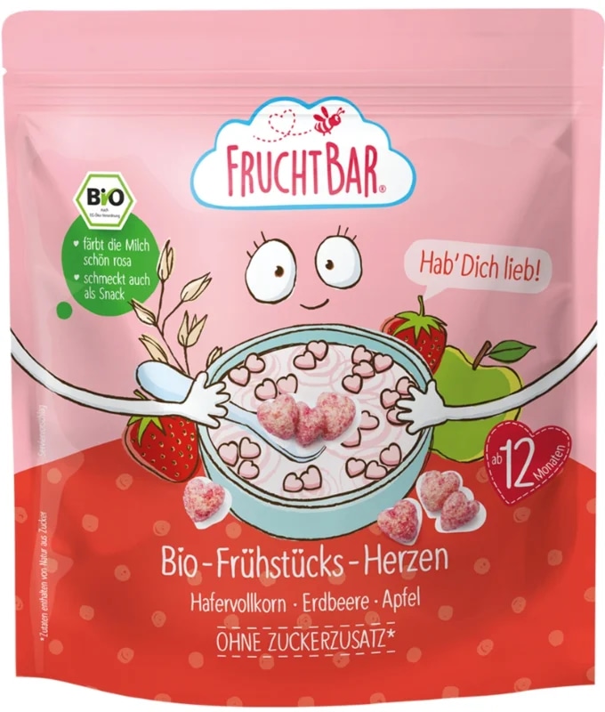FruchtBar BIO Cereálie srdíčka s jahodami a jablkem