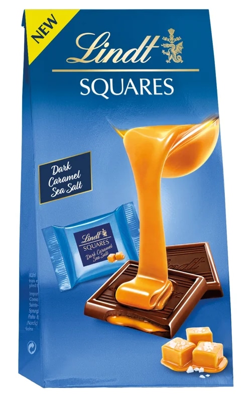 Lindt Squares hořká čokoláda s karamelovou náplní a mořskou solí