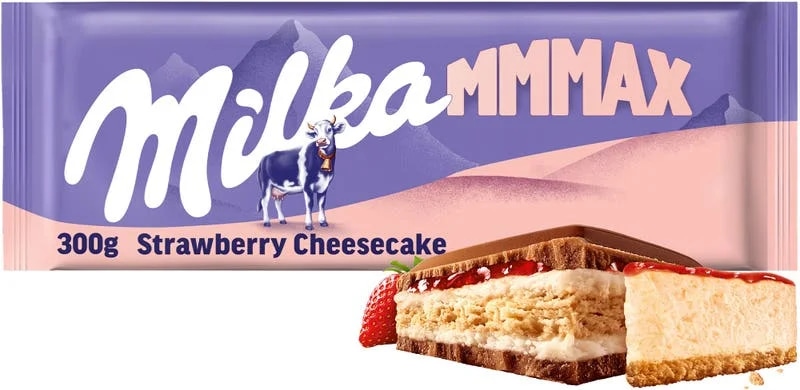 Milka čokoláda Mmmax Strawberry Cheesecake mléčná, příchuť jahodový cheesecake