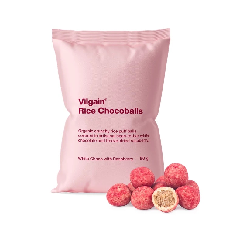 Vilgain Rice Chocoballs BIO – Bílá čokoláda s malinou