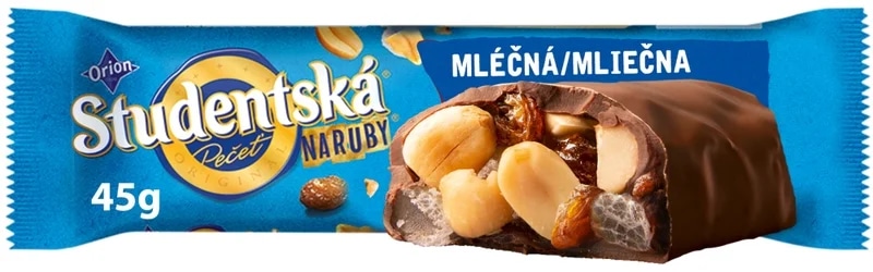 ORION Studentská pečeť Naruby Mléčná, tyčinka s arašídy, želé a rozinkami v mléčné čokoládě
