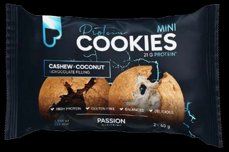Passion Nutrition Plněné proteinové pečené cookies s kešu a kokosem s bílou a tmavou čokoládovou náplní