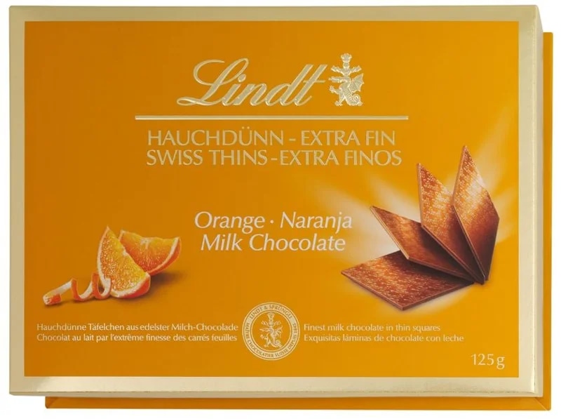 Lindt Thins Orange Mléčná čokoláda s příchutí pomeranče