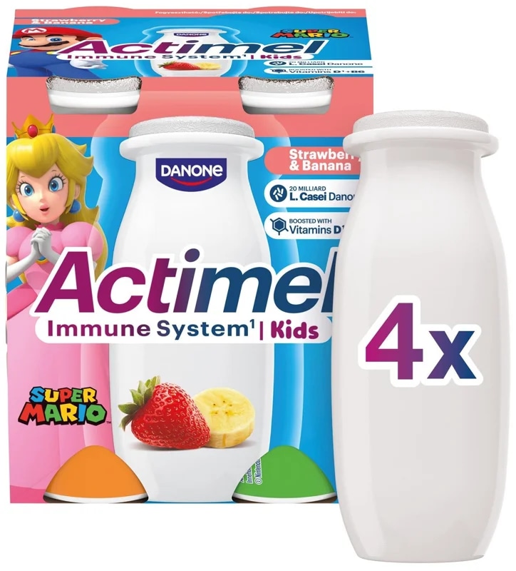 Actimel Kids Probiotický nápoj banán a jahoda 4×100 g
