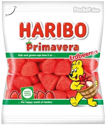Haribo Primavera Erdbeeren Bonbóny ve tvaru jahod s marshmallow příchutí