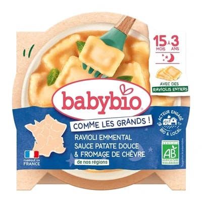 Babybio BIO Ravioli s ementálem, pyré ze sladkých brambor a francouzský kozí sýr