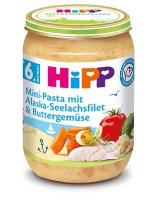 HiPP Mini těstoviny s aljašskou treskou v máslové zelenině
