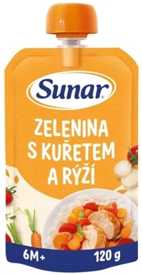 Sunar Příkrm zelenina s kuřetem a rýži, 6 m+