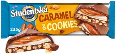 ORION Studentská pečeť Caramel & Cookies, mléčná čokoláda s kousky sušenek a karamelovou a krémovou náplní