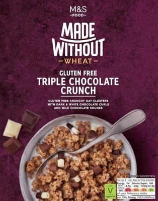 Marks & Spencer Hrudky z bezlepkových ovesných vloček a rýže, s hoblinkami hořké a bílé čokolády a kousky mléčné čokolády