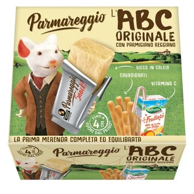 Parmareggio L'ABC Snack Parmazán, tyčinky a ovocný nápoj