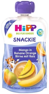HiPP BIO Snackie Hruška-Pomeranč-Mango-Banán-Rýžová mouka