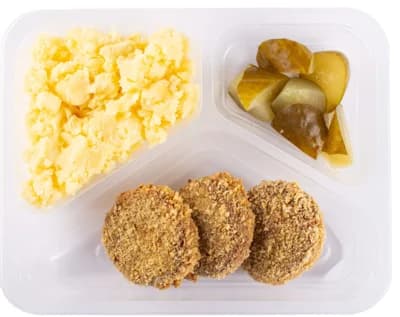 Cibule Bistro #rostlinně Karbanátek, šťouchané brambory, kyselá okurka