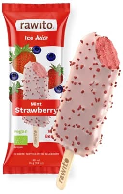 Rawito BIO Raw zmrzlina s jahodovou příchutí v čokoládě s borůvkami