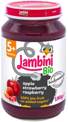Lambini BIO Demeter příkrm jablko, jahoda a malina