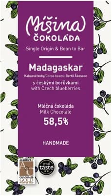 Míšina čokoláda Mléčná čokoláda s českými borůvkami Madagaskar 58,5%