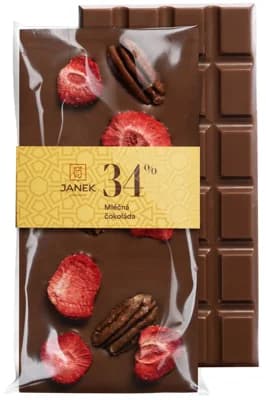 Čokoládovna Janek Mléčná čokoláda s pekanovými ořechy a lyofilizovanými jahodami