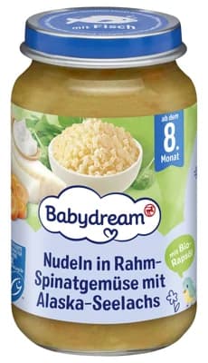 Babydream Příkrm těstoviny se smetanovým špenátem, zeleninou a aljašskou treskou