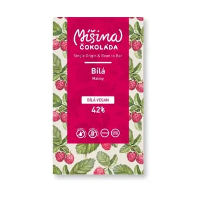 Míšina čokoláda Bílá vegan 42% s malinami 50g