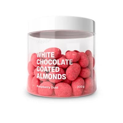 Vilgain Mandle v čokoládě – bílá čokoláda v malinovém prášku (dóza)