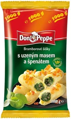 Don Peppe Bramborové šišky špenát a uzené maso