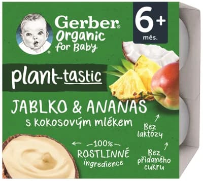 Gerber organic BIO Rostlinný dezert jablko a ananas s kokosovým mlékem 4×90 g