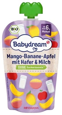 Babydream BIO Ovocná kapsička mango, jablko, banán s cereáliemi a mlékem