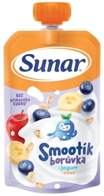 Sunar Smootík dětská kapsička borůvka, jogurt, ovesné vločky, 12 m+