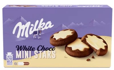 Milka sušenky White Choco Mini Stars kakaové, mléčná náplň a bílá čokoláda