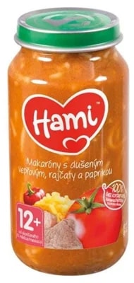 Hami Makaróny s dušeným vepřovým, rajčaty a paprikou 12m+