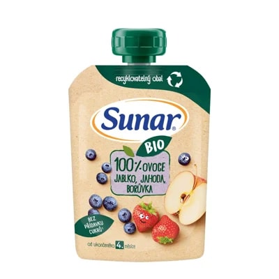 Sunar BIO Ovocná kapsička jablko, jahoda a borůvka od 4. měsíce