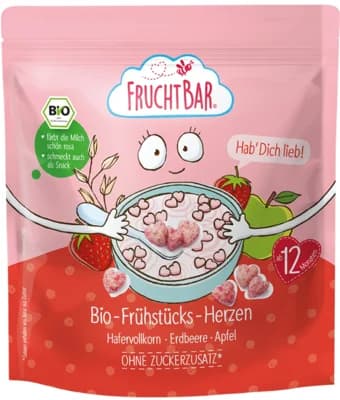 FruchtBar BIO Cereálie srdíčka s jahodami a jablkem